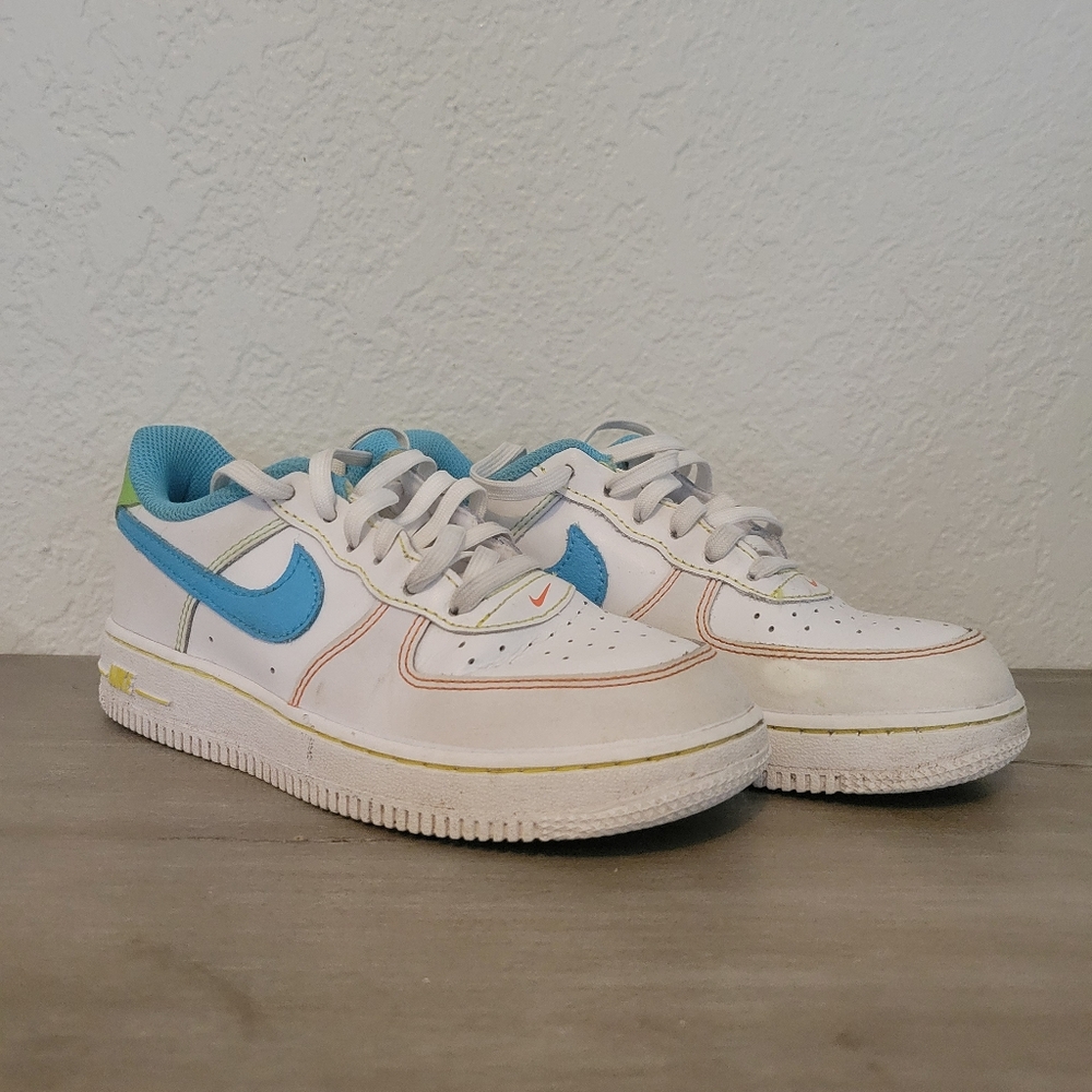Nike White and Blue Sneakers Classic Low-Top Style (Air Force 1's) OBO
